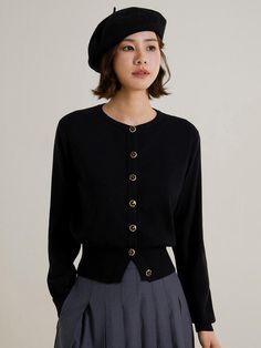 This is a feminine and romantic cardigan by LANGSON that is made out of high quality acrylic, polyester, nylon, and wool blend fabric. With design detail of minimal round neckline and high quality buttons on the front, it gives a trendy and feminine look.- Thick ribbed hem for feminine silhouette- Front button closure- Feminine and modern mood Black Crew Neck Fine Knit Cardigan, Chic Crew Neck Sweater With Buttons, Elegant Fine Knit Outerwear In Solid Color, Elegant Crew Neck Sweater For Work, Elegant Fine Knit Crew Neck Outerwear, Elegant Crew Neck Cardigan For Spring, Elegant Crew Neck Fine Knit Outerwear, Elegant Fitted Crew Neck Cardigan, Elegant Black Fine Knit Cardigan