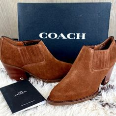 Brand New In Box Coach Size: 8c (Wider Width) Suede Upper Man-Made Leather Lining And Footbed Rubber Outsole Pull On Shaft: 2 3/4" Height, 11 1/4" Circumference 2 1/2" Heel Style No. Fg4193 Casual Brown Coach Boots, Brown Slip-on Booties Medium Width, Casual Coach Ankle Boots, Coach Ankle-high Casual Boots, Coach Casual Ankle-high Boots, Casual Coach Ankle-high Boots, Casual Ankle-high Coach Boots, Casual Brown Booties With Block Heel, Casual Brown Coach Heels