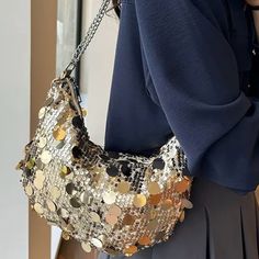 New Gorgeous Gold Sequin Handbag. Elegant And Classy. Two Sizes Of Sequins. Shoulder, Crossbody, Clutch-Bag. Sparkling And Shimmering. Zip Top. Zipper And Chain Strap Are Both Silver. No Inner Pocket. So Versatile It Can Be Casual Or Formal. Last Pic Is To Show Sizing. Tags: Sequin Sequins Sparkling Sparkle Shine Shimmer Shoulder Bag Purse Handbag Bag Clutch Crossbody Mini Crossbody Gold Sequins Silver Zipper Top Chain Strap Tote Crochet Casual Formal Black Tie Club Dance Sorority Recruitment Ba Large Capacity Hobo Shoulder Bag For Party, Handheld Hobo Bag With Large Capacity For Parties, Large Capacity Handheld Hobo Bag For Parties, Large Capacity Bucket Bag For Parties, Party Crossbody Shoulder Bag With Large Capacity, Trendy Hobo Bag With Adjustable Strap For Party, Chic Large Capacity Hobo Bag For Party, Trendy Gold Tote Bucket Bag, Trendy Hobo Shoulder Bag For Party