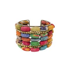 Five layers of colorful, elongated Kantha beads are interspersed with two rows of shimmering gold beads to make this cuff a stunning statement piece. Crafted from repurposed Kantha textiles, colors and patterns will vary. Cuff measures 1.75" wide and adjusts to fit most wrists. Sustainably handmade by women artisans in India. Women Artisans, Gold Beads, Statement Pieces, Textiles, Cuff, India, Beads, Pattern, Gold