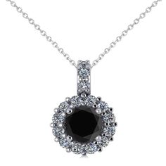 Round Black Diamond & Diamond Halo Pendant Necklace 14k White Gold (0.80ct) Elegant Black Round Diamond Necklace, Black Round Brilliant Cut Jewelry, Black Diamond Jewelry With Brilliant Cut, Black Diamond Necklaces For Anniversary, Black Jewelry With Halo Setting For Formal Occasions, Black Diamond Necklace With Round Diamond Accents, Black Diamond Necklace With Accents, Round Shape, Black Diamond Necklace With Diamond Accents, Black Diamond Necklace With Accents