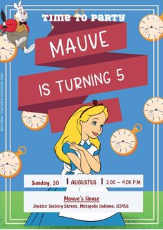 an image of a cartoon character with clocks in the background and text that reads, time to party mauve is turning 5