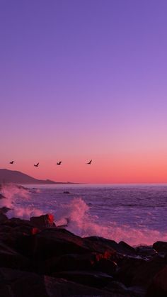 birds flying over the ocean at sunset with waves crashing in front of them and pink sky