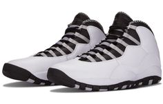 The Air Jordan 10 Retro 'Steel' 2013 is a retro release of the original 1994 colorway. This design combines a white tumbled leather upper with black and light Steel Grey accents. The sneaker also comes with a white midsole and a striped black and light steel grey outsole that features a timeline of Michael Jordan's career achievements - making it a must-have for any fan of His Airness. The shoe was also retroed in 2005, so it's truly a classic design that has withstood the test of time. If you'r Latest Jordans, Jordan Retro 10, Air Jordan 10, Steel Shoes, Authentic Jordans, Jordan 10, Air Jordan Retro, Air Jordans Retro, Jordan Retro