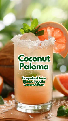 Coconut Paloma Clear Liquor Mixed Drinks, Coconut Tequila Drinks 1800, Paloma Cocktail Tequila Recipe, Coconut Alcoholic Drinks, Paloma Variations, White Rum Drinks, Coconut Cocktails, Hawaiian Drinks, Alcoholic Punch Recipes