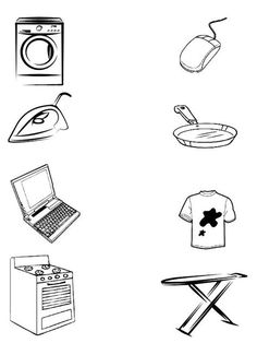 black and white drawing of various household items including a laptop, ironing board, microwave, dishwasher