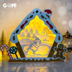 an illuminated christmas scene with gingerbreads and candy