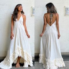 Plus Size Backless Dress, Simple Boho Beach Wedding Dress, Bonnaroo Wedding, White Flowy Dress Goddesses, Halter Wedding Dress Lace, Boho White Dress, Goddess Dresses, Maxi Dress Maternity, Dress Fishtail