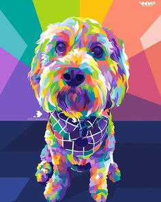 a colorful dog is sitting in front of a multicolored background with the words happy birthday