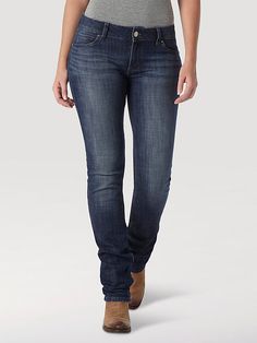 STRAIGHT LEG JEANS ARE OUR FAVORITE STYLE STAPLE Marked by their timelessness, our women's straight leg jeans are a style staple fit for every girl's closet. The mid rise sits just below the waist for a straight fit that's carried through to the leg opening. For women's everyday jeans that fit snugly around your favorite shoes, the styling of a straight leg can't be beat. With Wrangler® jeans for women, you can count on quality that looks good and fits just right. Jeans For Big Belly, Wrangler Clothing, Riding Jeans, Western Jeans, Women Essentials, Wrangler Jeans, Jeans For Women, Mid Rise Jeans, Dark Wash Denim