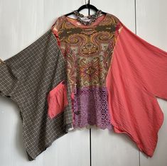 LAGENLOOK Wearable Art Tunic Women OS Hippie Boho Handmade Salmon Green Purple Plus Size Lagenlook Clothing, Recycle Clothes Refashioning, Upcycle Inspiration, Lagenlook Clothing, Clothing Upcycle, Wearable Art Clothing, Altered Clothing, Lagenlook Style, Upcycled Clothes