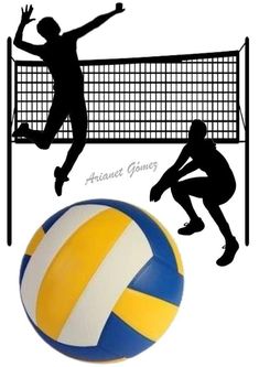 two silhouettes of people playing volleyball and the ball is in front of them,