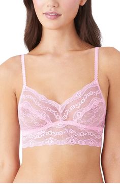 This sheer bralette looks cute (while being incredibly comfy) in slightly stretchy lace with a wide elastic band. 89% nylon, 11% spandex Hand wash, line dry Imported Lingerie Lace Camisole Bra With Removable Pads, Lace Camisole Bra With Lace Trim, Stretch Camisole Bra With Delicate Lace, Feminine Stretch Lace Bra, Lace Camisole With Removable Bra Pads, Lace Camisole With Built-in Bra, Pink Feminine Bra With Delicate Lace, Feminine Pink Bra With Delicate Lace, Underwire Bra With Lace Trim And Stretch