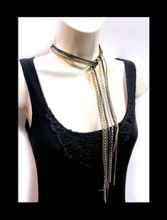 Scarf Necklace, Long black, silver and gold chains, Layering necklace, wrap style necklace 1920's flapper girl style Choker Chain Jewelry For Night Out, Gold Necklaces With Adjustable Chain For Night Out, Gold Necklace With Adjustable Chain For Night Out, Adjustable Metal Layered Necklace For Parties, Gold Choker Necklace For Night Out, Trendy Lariat Choker Necklace For Party, Party Silver Chain Lariat Necklace, Silver Chain Lariat Necklace For Party, Adjustable Layered Chain Necklace For Party