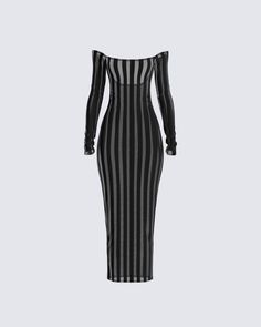 This dress is the epitome of sass, and style 🖤 With its velvety and sheer stripes, off-shoulder allure, sexy back slit, long sleeves, and a fit that hugs your curves... it is the perfect recipe for a timeless, and flattering fit 💋 Pinterest Clothing Stores, Long Black Dress Classy, Dresses Going Out, Priscilla Presley Dress, Black Maxi Dress With Cardigan, Night Out Looks Clubwear, All Black Fashion Outfits, Black Dress And Tights Outfit, Cute Fall Outfits Baddie