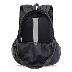 a black backpack with white stripes on the front and side pockets, sitting against a white background