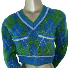 Zara Preppy Style Argyle Cropped Sweater. In Vibrant Green, Blue, And Silver. Just In Time For Sweater Weather!! New With Tags Zara Preppy, Zara Sweater, Vibrant Green, Just In Time, Sweater Weather, Cropped Sweater, Preppy Style, Colorful Sweaters, Blue And Silver