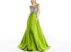 Full length satin A-line gown with floral tulle embellishment Green Formal Dresses, A Line Gown, Full Length, A Line, Satin, Couture, Formal Dresses, Floral, Green