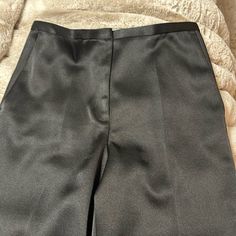 Excellent Condition Chic Black Semi-formal Pants, Chic Satin Bottoms For Formal Occasions, Chic Formal Satin Bottoms, Tailored Satin Pants For Workwear, Black High Waist Semi-formal Bottoms, High Waist Black Bottoms For Semi-formal Occasion, Fitted Satin Pantsuit For Workwear, Semi-formal High Waist Black Bottoms, Sleek Satin Bottoms For Workwear