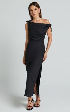 Cincinnati Midi Dress - Off The Shoulder Side Split Column Dress in Black Chic Off-shoulder Dresses With Side Slits, Chic Off Shoulder Dress With Straight Neckline For Evening, Black One-shoulder Dress For Black-tie Events, Off-shoulder Dresses With Side Slits, Chic Off Shoulder Dress With Straight Neckline For Gala, Black Off-shoulder Dress With Asymmetrical Neckline For Evening, Chic Dresses For Black-tie Events With Asymmetrical Neckline, Chic Dress With Asymmetrical Neckline For Black-tie Events, Chic Asymmetrical Neckline Dress For Black-tie Events