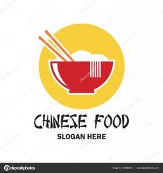 chinese food logo design with chopsticks and rice in bowl on white background stock photo