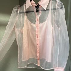 As By Df Blouse, Beautiful, New With Tags! Size M Spring Button-up Blouse With Sheer Sleeves, Summer Button-up Top With Sheer Sleeves, Spring Collared Top With Sheer Sleeves, Sheer Collared Shirt For Spring, Chic Pink Sheer Top, Chic Sheer Pink Tops, Sheer Button-up Shirt For Spring, Oversized Poplin Shirt, Perfect Blouse