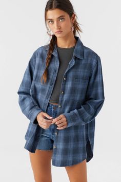 Travys Long Sleeve Top - Slate | O'Neill Relaxed Fit Button-up Flannel Shirt For Casual Gatherings, Everyday Relaxed Fit Button-up Flannel Shirt, Trendy Relaxed Fit Flannel Shirt, Everyday Relaxed Fit Flannel Shirt, Trendy Button-up Flannel Shacket, Trendy Flannel Long Sleeve Shirt, Trendy Oversized Button-up Flannel Shirt, Oversized Casual Flannel Shirt, Plaid Button-up Shacket