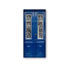 a blue door with two glass panels on it