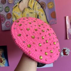 pink crochet beret with green and orange rhinestones. This beret will look amazing with the sun hitting it. fits head sizes around 21-24" Pink Crochet Beanie For Festivals, Pink Crochet Festival Hat One Size, Pink Crochet Hat For Festivals, Trendy Pink Crochet Cap Hat, Pink Crochet Hat One Size For Festivals, Trendy Pink Crochet Cap, Trendy Pink Flat Cap, Pink One Size Fits Most Flat Cap, Handmade Pink Crochet Hat, One Size