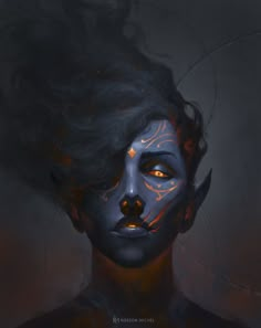 an artistic painting of a woman's face with blue and orange paint on it