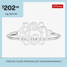 Add some sleek style to your look with this personalized monogram bangle bracelet.Personalization: Up to 3 initials. Initials will appear exactly as entered; center initial will be enlarged.Jewelry photos are enlarged to show detail.Disclaimer: Metal may be rhodium plated to enhance appearance and reduce tarnishing.Features: Monogrammable, PersonalizedCircumference: 7 1/2 InchMetal Color: WhiteChain Width: 46 MillimetersCare: Wipe CleanBracelet Type: Bangle BraceletsMetal: Sterling SilverAssemb… Personalized Stainless Steel Bangle In Elegant Style, Personalized Stainless Steel Elegant Bangle, Elegant Personalized Stainless Steel Bangle, Personalized Stainless Steel Bangle, Modern Customizable Silver Name Bracelet, Elegant Customizable Silver Bangle, Elegant Silver Cuff Bracelet Customizable, Modern Silver Name Bracelet For Personalized Gift, Elegant Cuff Bracelet For Personalized Gift