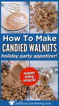 a mason jar filled with candied nuts Candied Walnut Recipe, Holiday Party Appetizers, Homegrown Food, Dinners Easy, Walnut Recipes, Winter Parties