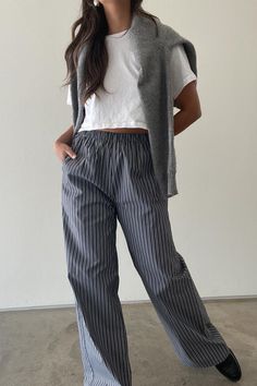 "l Stripe Straight Wide Leg Pants (PANTS ONLY)   l 85% Cotton, 12% Polyester, 3% Elastane    * MODEL IS 5'3\" AND IS WEARING A SMALL." Ankle-length Pull-on Pants For Loungewear, Cotton Bottoms With Pockets For Daywear, Everyday Wide-leg Pants With Loosely Fitted Hips, Straight Cotton Pants For Daywear, Stretch Wide Leg Pants For Everyday, Cotton Straight Pants For Daywear, Pull-on Tapered Leg Loungewear Pants, Loosely Fitted Wide Leg Pants For Everyday, Loosely Fitted Cotton Bottoms For Daywear