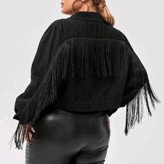 Plus Sz Fringe Trim Drop Shoulder Denim Jacket 100% Cotton Black Frayed Hem Outerwear For Fall, Black Outerwear With Frayed Hem For Fall, Trendy Denim Jacket For Night Out, Trendy Denim Outerwear For Night Out, Chic Fall Denim Jacket With Frayed Hem, Spring Black Outerwear With Frayed Hem, Black Spring Outerwear With Frayed Hem, Fringe Cotton Denim Jacket For Fall, Fall Cotton Denim Jacket With Fringe