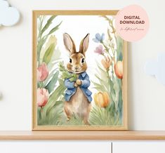 a watercolor painting of a rabbit with flowers on it's chest and the words digital