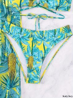 Katykey - Tropical Fruit Print 3-Piece Set: Stretchy Swimsuits, Criss Cross Tie Back Bandeau Bikini, and Stylish Cover Up Pants – Womens Swimwear & Clothing Green Tropical Beach Sets, Tropical Green Beach Sets, Multicolor Two-piece Beach Bottoms, High Waist Two-piece Beach Bottoms, Printed Beach Sets For Pool Season, Printed Sets For Pool And Beach Season, Yellow Beach Sets For Beach Season, Printed Beach Season Pool Set, Yellow Summer Sets For Beach Season