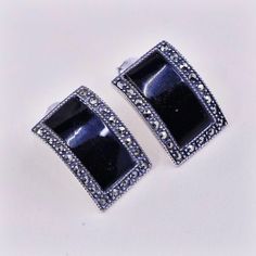 Vintage Sterling silver handmade earrings, 925 silver stud with rectangular shapes obsidian and marcasite. Stamped 925 Silver Rectangular Stone Earrings For Formal Occasions, Silver Rectangular Earrings For Formal Occasions, Silver Rectangular Stone Sterling Silver Earrings, Eagle Ring, Silver Gift Wrap, Brooches Handmade, Silver Gifts, Silver Studs, Jewelry Earrings Studs