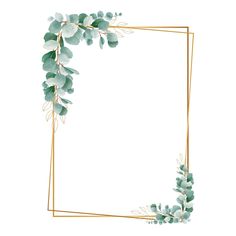 a square gold frame with eucalyptus leaves and green plants on it, against a white background