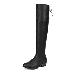 a women's black knee high boot with laces on the side and heel