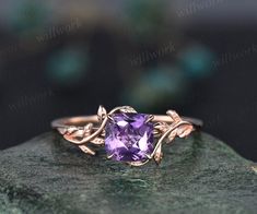 This ring is handmade by myself. The main stone is a 7mm cushion cut natural purple amethyst. The material is solid 14k gold(white,yellow,rose gold is also available) Ring size can be choose from the selection box. Matching band available: https://www.etsy.com/shop/willwork?section_id=20674906 This jewelry can also be made in solid 10k,14k,18k gold,with real diamonds.Contact me! Need rush order? contact me! Need custom making order? Contact me! I have confidence on my jewelry.30 days money back Cushion Cut Amethyst Ring For Weddings, Nature Inspired Engagement Rings Leaves, Engagement Ring Leaf, Wedding Ring Women, Amethyst Ring Vintage, Dream Rings, Nature Inspired Engagement Ring, Ring Rosegold, Amethyst Ring Engagement