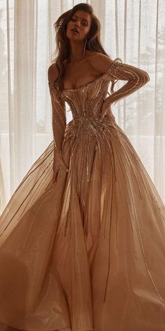 24 Colored Wedding Dresses For A Stylish Bride ❤ Dreaming of a non-traditional look? Explore colored wedding dresses! #coloredweddingdresses #colorfulweddingdresses #weddingdresses #nontraditionalweddingdresses Champagne Gold Wedding Dress, Gowns With Long Sleeves, Rose Gold Wedding Dress, Wedding Dress Detachable Skirt, Leah Da Gloria, Gold Wedding Gowns