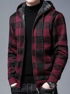 डिजाइनर कपड़े, Black Men Fashion Urban, Mens Fashion Coat, Casual Knitwear, Mens Cardigan Sweater, Hooded Jacket Men, Zippered Cardigan, Plaid Sweater, Sporty Casual