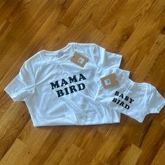 Mama Bird And Baby Bird Matching Tees Mama Bird White Short Sleeve Shirt Size Large (Originally $28) Baby Bird White Short Sleeve Shirt Size 18 Months (Originally $26) White Family Matching Tops, Fitted Cotton Tops For Family Matching, White Short Sleeve Tops For Family Matching, Mama Bird, White Short Sleeve Shirt, Leopard Print Shorts, White Bralette, Baby Bird, Matching Tees