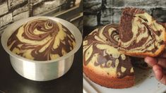 a person holding a piece of cake next to a bundt cake