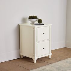 a white cabinet with two drawers in front of a wall and a rug on the floor