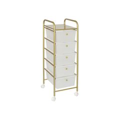 a gold and white storage cart with five drawers on wheels, against a white background