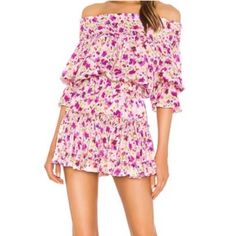 Revolve X Misa Los Angeles Darla Off Shoulder Dress In Fuchsia Floral Nwt Size S Small (Sold Out Online) 100% Viscose Dry Clean Only Fully Lined Off The Shoulder Styling With Smocked Neckline Elasticized Sleeve Openings Elasticized Waist Neckline To Hem Measures Approx 30" In Length Made In Usa Revolve Style No. Misa-Wd265 Manufacturer Style No. Isdr6799 F Chic Pink Skirted Dress, Spring Mini Dress For Brunch, Feminine Skirted Dresses For Spring, Chic Floral Print Mini Dress, Summer Floral Print Mini Dress, Floral Print Mini Dress With Tiered Skirt, Flirty Skirted Summer Dresses, Flirty Mini Skirt Dress For Spring, Floral Print Mini Skirt Dress For Day Out