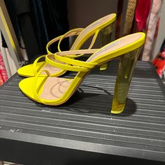 So Cute! Roughly 5” Heel And I Just Don’t Have The Skills To Walk In Them. Has Sticker Residue From Store, But Never Worn Outside The House Yellow Party Sandals With 4-inch Heel, Yellow Heels With 4-inch Heel For Spring, Spring Yellow Heels With 4-inch Heel, Yellow Open Toe Heels For Party, Yellow Open Heel Party Shoes, Yellow Open Heel Party Heels, Yellow Sandals With Padded Block Heel, Yellow Block Heel Sandals With Padded Heel, Yellow Heels With Padded Block Heel