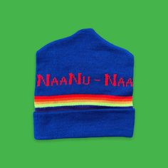 Vintage 1980s DEADSTOCK acrylic intarsia knit ski beanie hat. Made in the USA by Regis Sportswear in the early 80s, kept in storage until now! NaaNu-NaaNu (Mork and Mindy?) print. One size fits adult heads. Our item #369007 Vintage Winter Hats One Size, Retro Winter Hat, Retro Winter Hat One Size, Vintage Winter Hats For Streetwear, Retro Beanie Hat One Size, Retro Beanie Hat, One Size Fits Most, Retro Winter Beanie Hat, Knitted Ski Hat, Retro Ski Hat