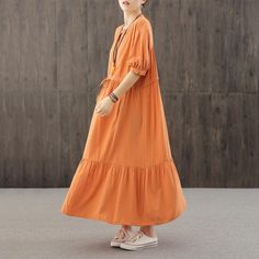 DIY orange dresses v neck wrinkled robes Dresses - Omychic Solid Color V-neck Cotton Midi Dress, Cotton V-neck Maxi Dress, Solid Long Cotton Maxi Dress, Solid Color Long Cotton Maxi Dress, Orange Casual Solid Dress, Spring Orange Midi Dress, Casual Orange Solid Color Dress, Yellow Solid Color V-neck Midi Dress, Orange Cotton Midi Dress For Beach